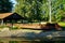 Old wooden river ship on dock for repairing