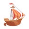 Old wooden sea ship with sails or sailboat flat vector illustration isolated.