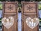 Old wooden shutter windows with hanging hearts for Mrs and Mr