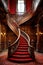 Old wooden spiral staircase with red carpet and carved handrails. Generative AI