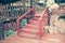 Old wooden stairs in the garden, selective focus on the steps, v