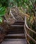 Old wooden and stone staircase leading up a hill in the jungle