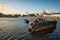 Old wooden sunken boat in the Corrib River at Galway, Ireland