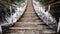 Old wooden suspended bridge on wild river. 3D illustration