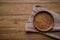 old wooden table with empty plate on a wooden table and copyspace