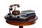 Old wooden table telephone notebook laptop