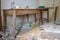 old wooden table, in typical rustic farm, abandoned, broken and old in ruins, mallorca spain