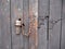 Old wooden timber door blue grey door hinge