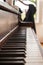 Old wooden upright piano keyboard