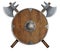 Old wooden vikings` shield and two crossed axes isolated