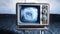 Old wooden vintage TV on the moon. Earth background. Space concept. Broadcast.