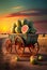 Old wooden wagon with big watermelons under the full moon. AI Generated
