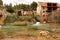 Old wooden waterwheel and Cabriel River on its way through Casas del Rio village, Albacete, Spain.