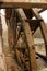 Old wooden waterwheel and Cabriel River on its way through Casas del Rio village, Albacete, Spain.