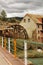 Old wooden waterwheel and Cabriel River on its way through Casas del Rio village, Albacete, Spain.