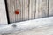 An old wooden weathered fence and a small red ladybug closeup. Selective focus