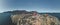 The old wooden whale watching tower in Qeqertarsuaq, Greenland. Panorama image. Qeqertarsuaq is a port and town located