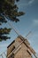 Old wooden windmill in golden afternoon sun in spring behind the pine against the blue sky