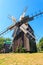 Old wooden windmills in Pyrohiv Pirogovo village near Kiev, Ukraine