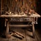 Old Wooden Workbench with Meticulously Crafted Artisan Tools