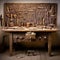 Old Wooden Workbench with Meticulously Crafted Artisan Tools