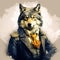 Old World Wolf With Tie: A Vibrant Caricature In Daguerreotype Style