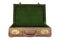 Old worn open suitcase with green interior
