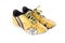 Old  worn out dirty yellow futsal sports shoes  on white background football sportware object isolated
