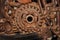 Old, worn, rough mechanical gears made of rusty metal. Design minimalism. Iron composition. Retro style.