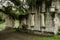 Old and worn ruins, abandoned building surrounded by lots of vegetation and trees