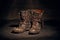 Old worn soldiers work boots