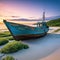 An old wrecked fishing boat rides on a deserted An abandoned wooden