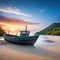 An old wrecked fishing boat rides on a deserted An abandoned wooden