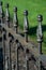 Old wrought iron fence close up in diagonal with deep green background