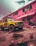 an old yellow truck parked in front of a pink building