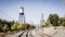 Olde town arvada Colorado water tower and train tracks