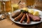 Oldenburger green cabbage with sausage mix, Kassler pork neck, boiled potatoes, mustard, beer and grain liquor is an traditional