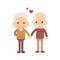 An older couple holding hands with a heart and a heart in the background. A couple of old people falling in love.