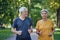 Older couple jogging in the summer park