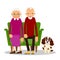 Older couple. On the sofa sitting elderly woman, man and dog. Old people with animal and furniture