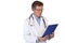 Older male doctor reads checklist from clipboard