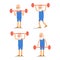 Older man perform exercises to barbell lifting. Grandpa in various poses with lifting of weight. Set physical exercises, training