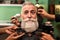 An older man with a white beard is shaved, combed, hair cut by several hands of hairdressers and barbers. barbering tools