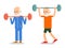 Older men perform exercises to barbell lifting. Adult people in