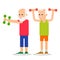 Older men perform exercises to weight lifting. Adult people in v