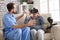 Older patient using virtual reality glasses in nursing home