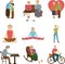 Older people active outdoors, love to the old age, the elderly sports, knitting and meeting grandson and grandmother. Flat icons.