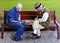 Older people play chess on a bench