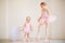 The older sister, a ballerina in a pink tutu and pointe shoes, shows the baby how to practice at the barre