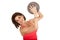 Older woman medicine ball lift up twist